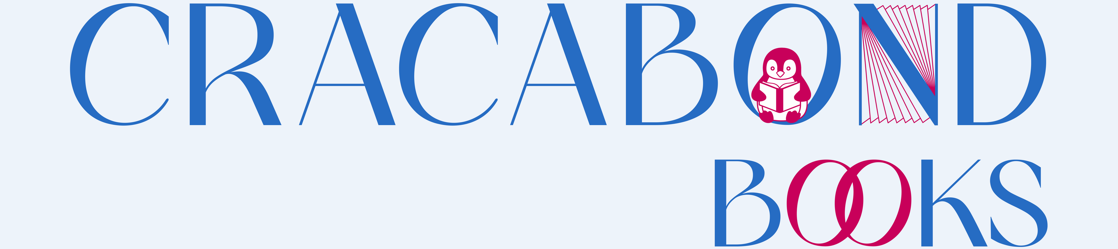 Logo of Cracabond Books with a blue and pink color scheme on a light blue background